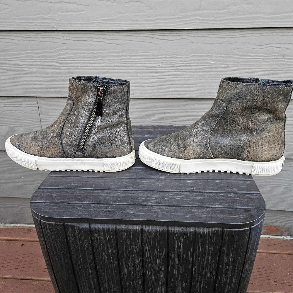 Frye Gia Side Zip Leather High Top Sneakers Silver Bronze Gold Metallic Size 8